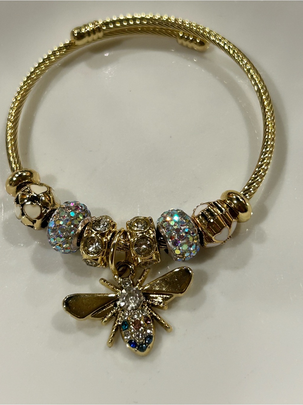 Gold Bee Charm Bangle Bracelet AB Crystal Beads white enamel flower 6.5 +